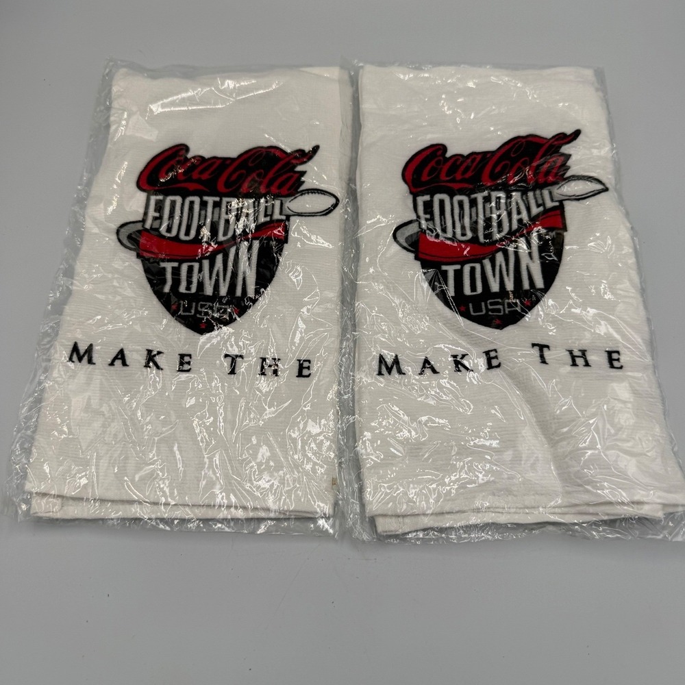 Vintage Coca-Cola Football Town USA White Hand Towels Set of 2 New Sealed Promo